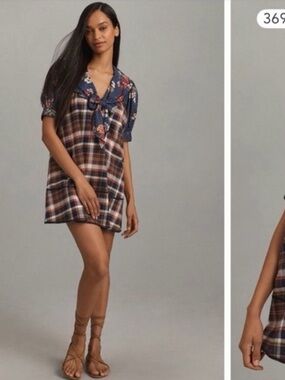 Anthropologie Pilcro fall NWT Short sleeve bow front tunic mini Plaid Dress
